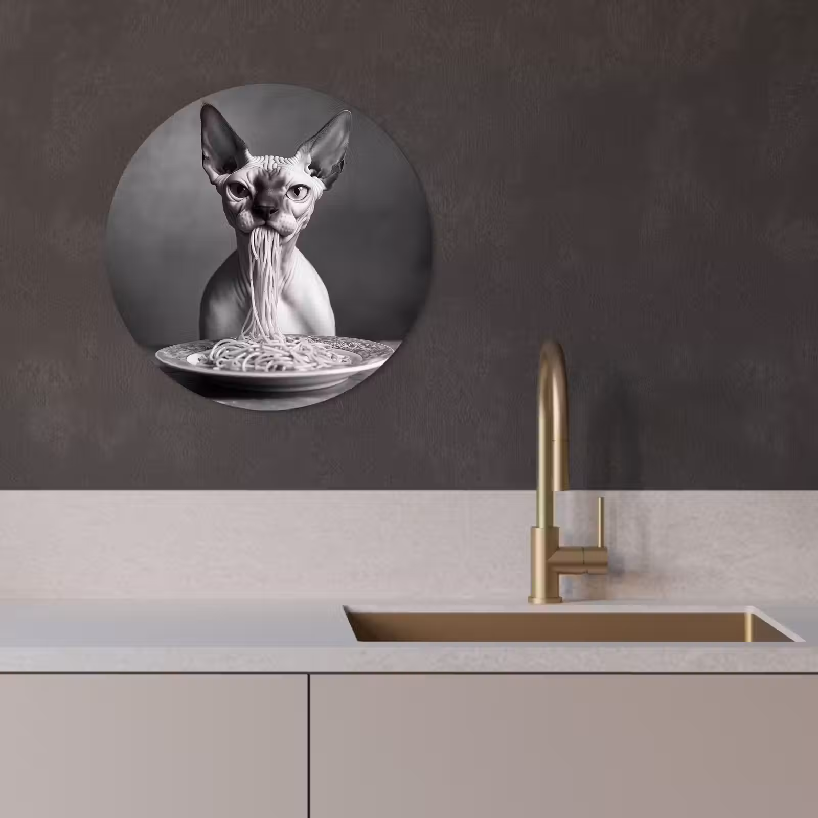 Tableau rond - Sphynx - Chat - Animaux - Humour - Spaghetti - Noir et blanc — 1