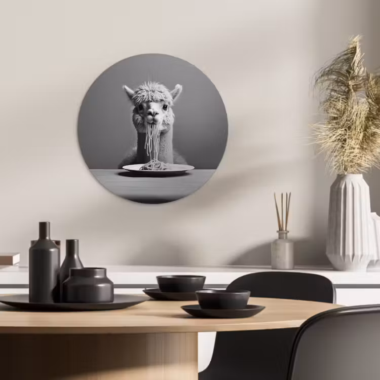 Tableau rond - Alpaga - Pâtes - Noir - Blanc - Drôle - Animaux — 1