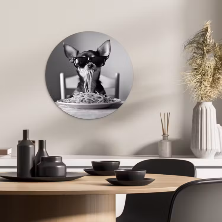 Tableau rond - Chihuahua - Chien - Lunettes de soleil - Humour - Noir - Blanc - Spaghetti — 3
