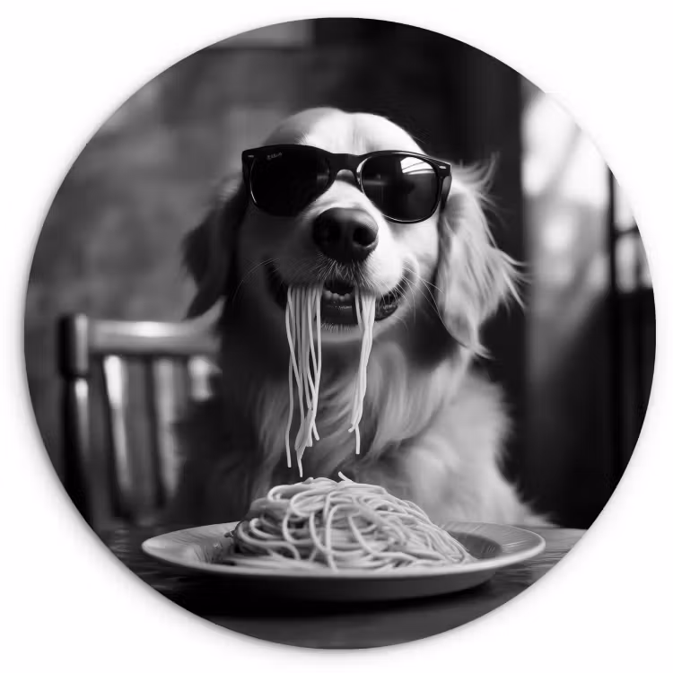 Tableau rond - Golden Retriever - Chien - Joyeux - Assiette spaghetti - Noir - blanc — 4