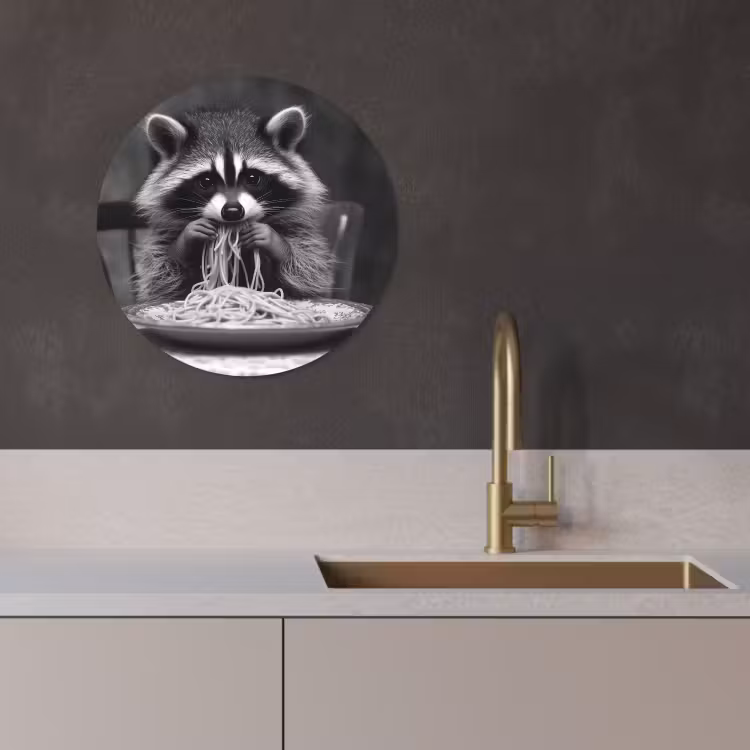 Tableau rond - Raton laveur - Mignon - Pâtes - Nappe - Noir - Blanc — 3