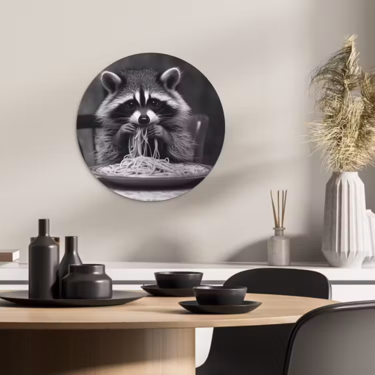 Tableau rond - Raton laveur - Mignon - Pâtes - Nappe - Noir - Blanc — 4