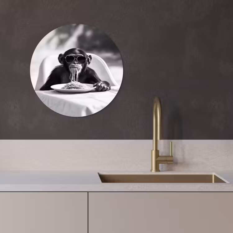 Tableau rond - Singe - Spaghetti - Lunettes de soleil - Noir et blanc - Cool - Animal — 4