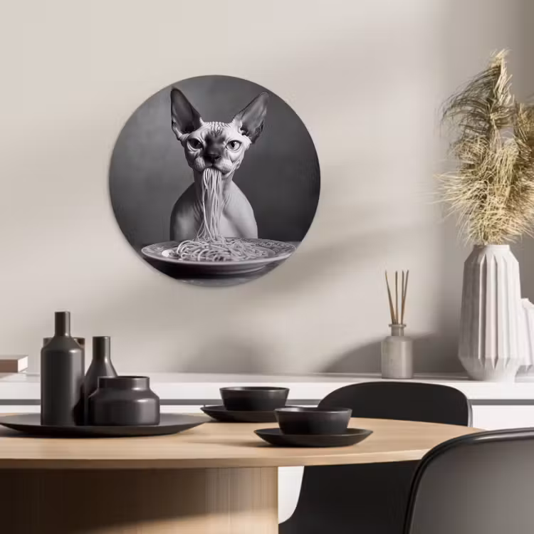 Tableau rond - Sphynx - Chat - Animaux - Humour - Spaghetti - Noir et blanc — 2