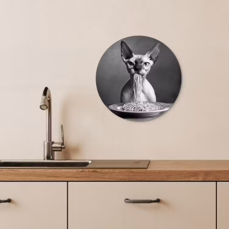Tableau rond - Sphynx - Chat - Animaux - Humour - Spaghetti - Noir et blanc — 3