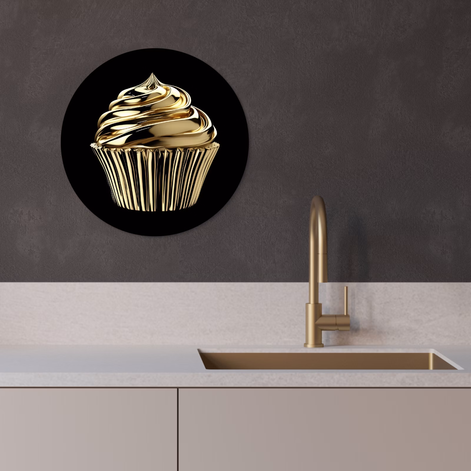 Tableau rond - Cupcake - Nourriture - Or - Noir — 1