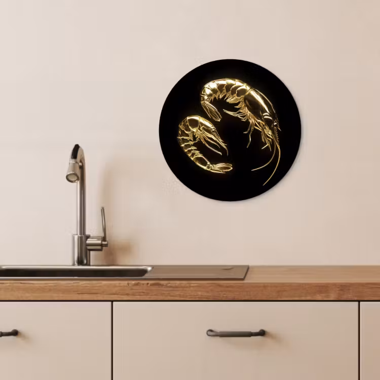 Tableau rond - Crevettes - Noir - Or - Animaux — 2