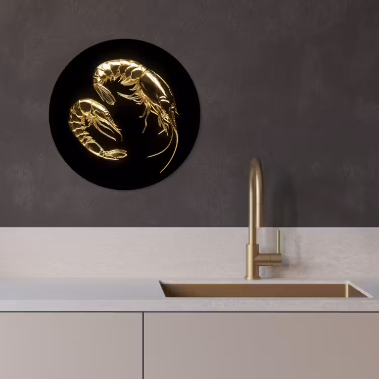 Tableau rond - Crevettes - Noir - Or - Animaux — 3