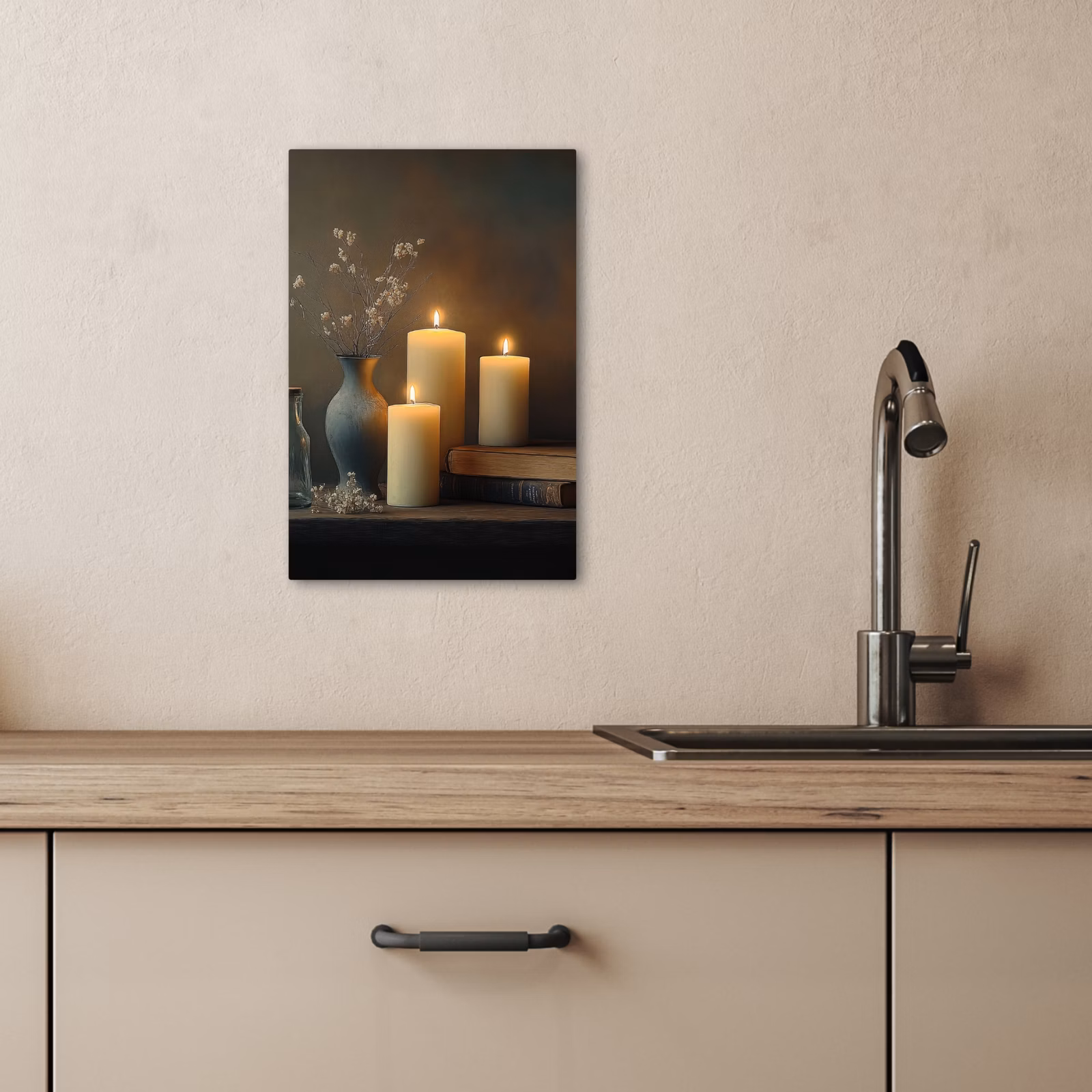Tableau sur toile - Bougies - Nature morte - Rustique - Livres — 1