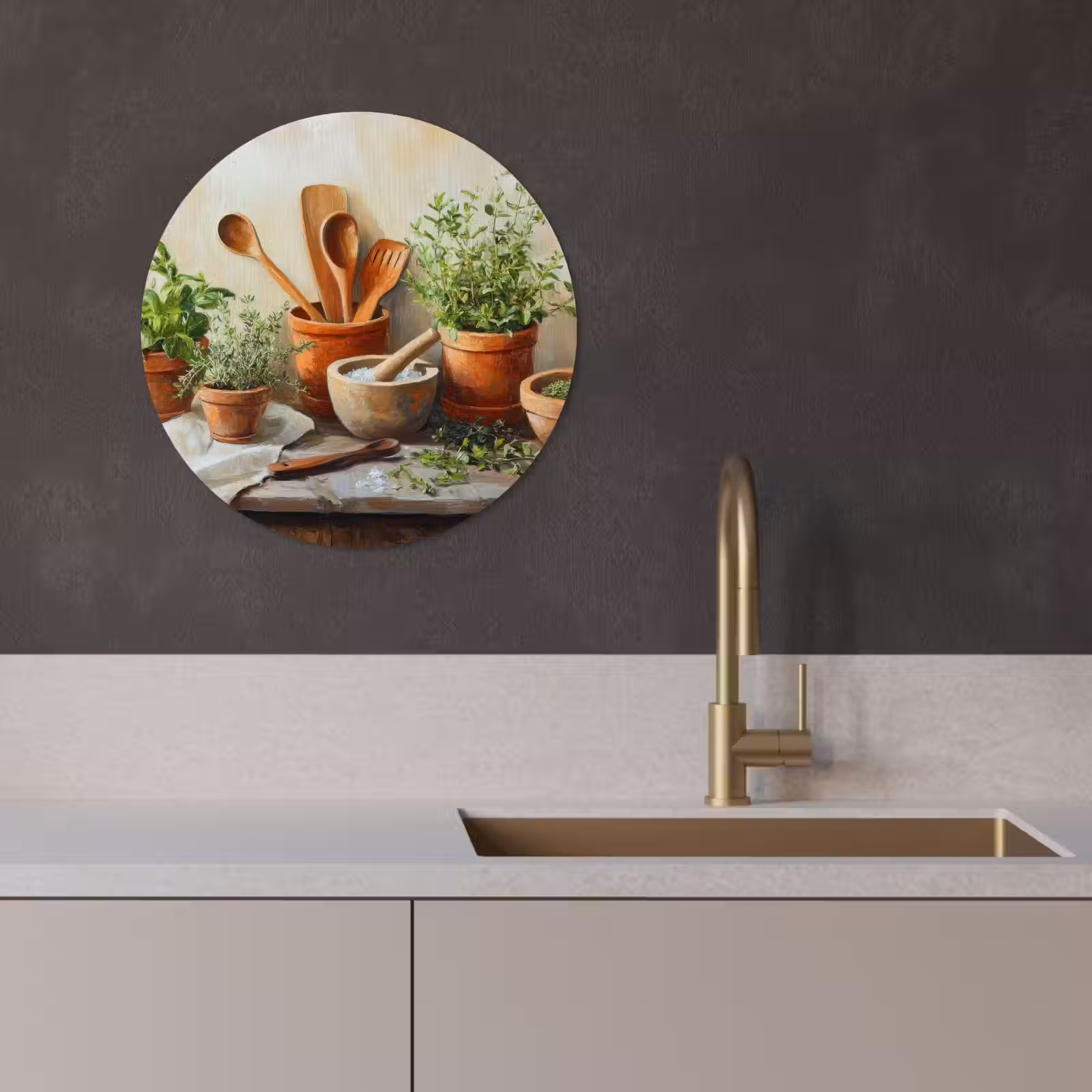 Tableau rond - Pots - Herbes - Bois — 1