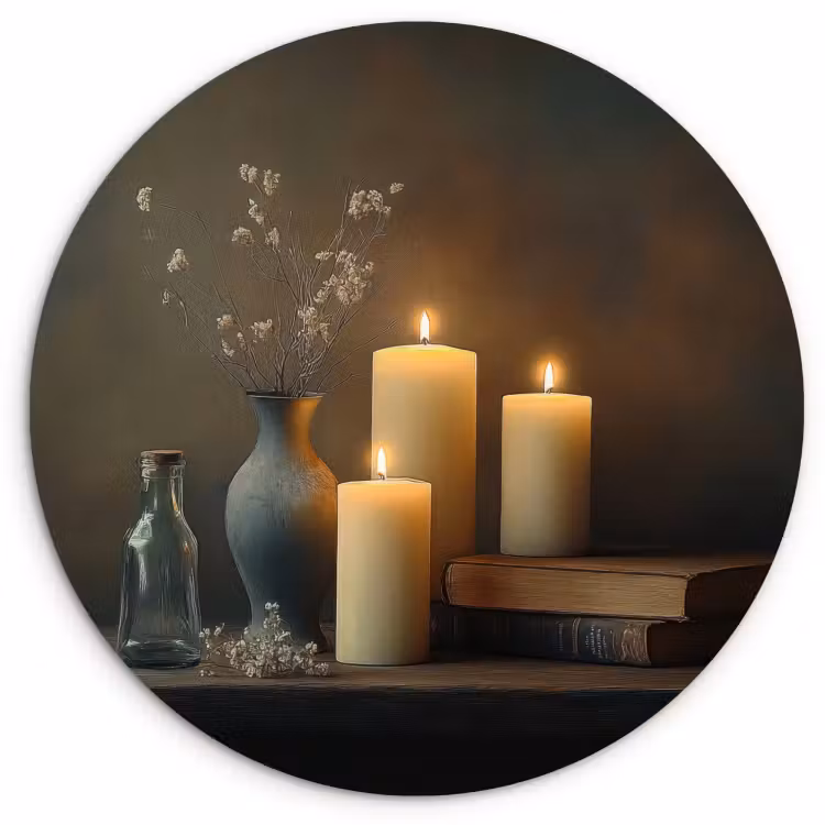 Tableau rond - Bougies - Nature morte - Rustique - Livres — 1