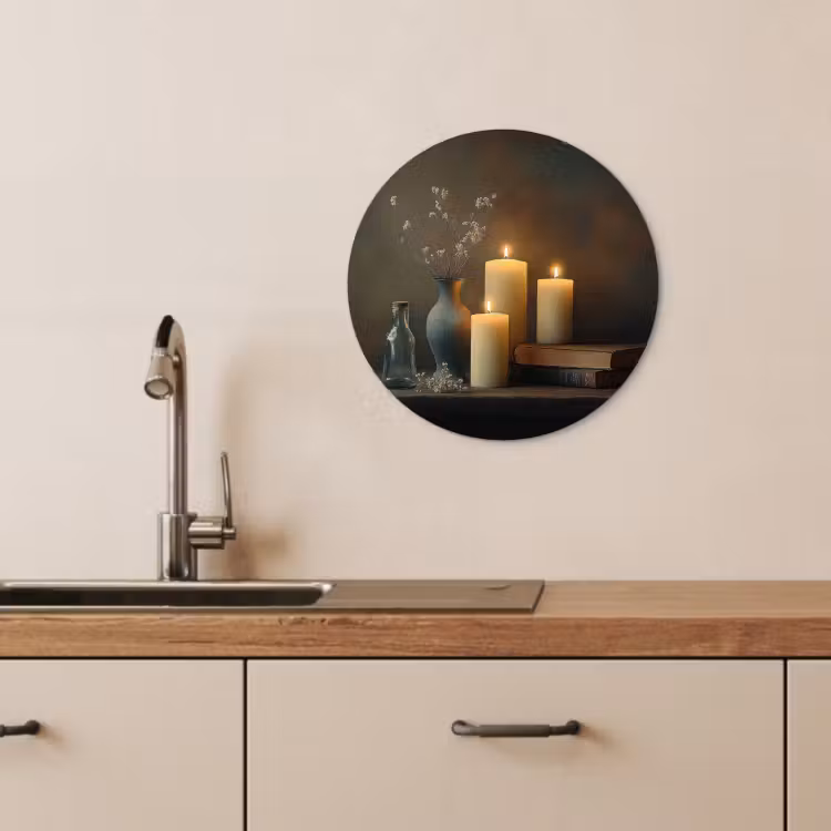 Tableau rond - Bougies - Nature morte - Rustique - Livres — 3