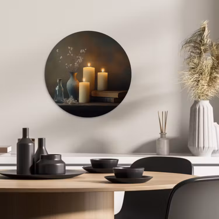 Tableau rond - Bougies - Nature morte - Rustique - Livres — 4
