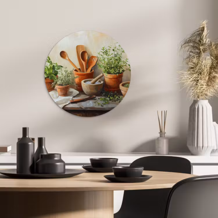 Tableau rond - Pots - Herbes - Bois — 3