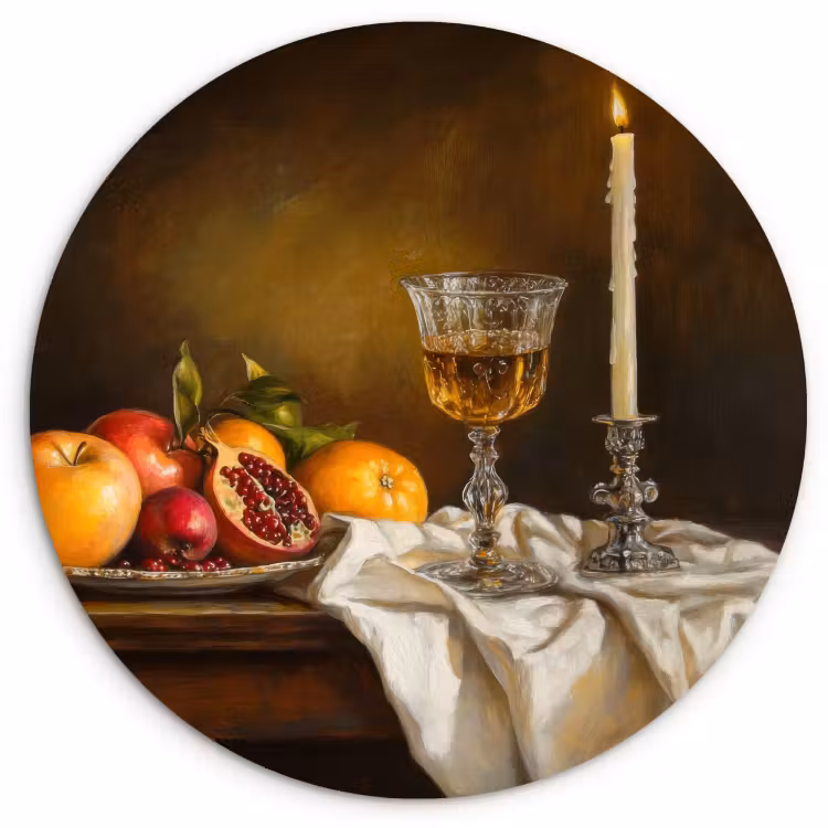 Tableau rond - Fruit - Nature morte - Vin - Bougie — 1