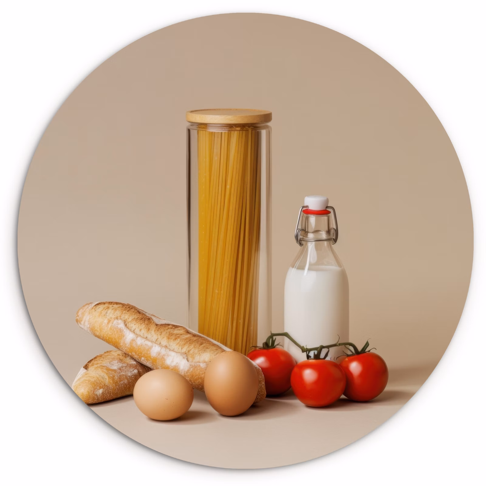 Tableau rond - Spaghetti - Lait - Tomates - Œufs - Pain — 1
