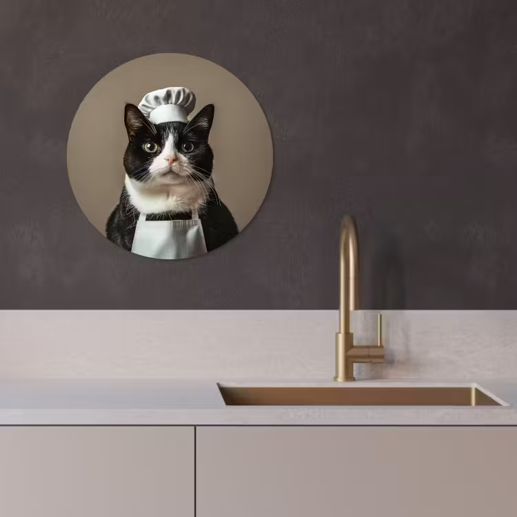 Tableau rond - Chat - Vêtements de chef - Noir - Blanc — 4