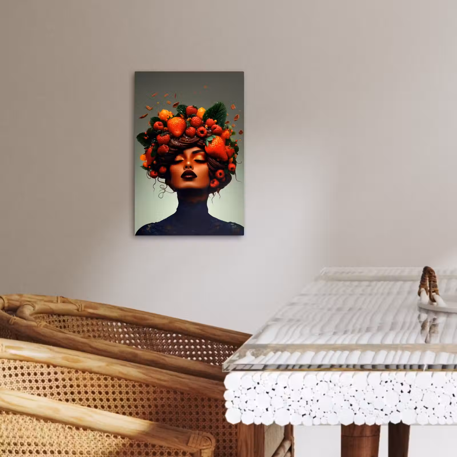 Tableau sur toile - Femme - Chocolat - Framboises - Fraises - Biscuits — 1