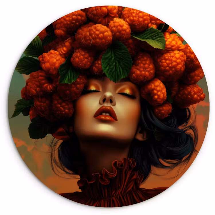 Tableau rond - Femme - Framboises - Feuilles — 1
