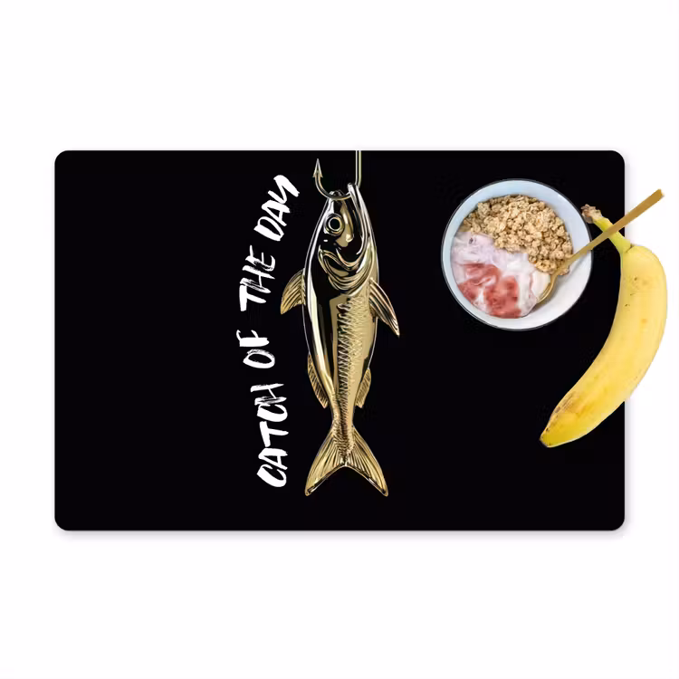 Sets de table en vinyle - Poisson - Noir - Or - Texte — 1