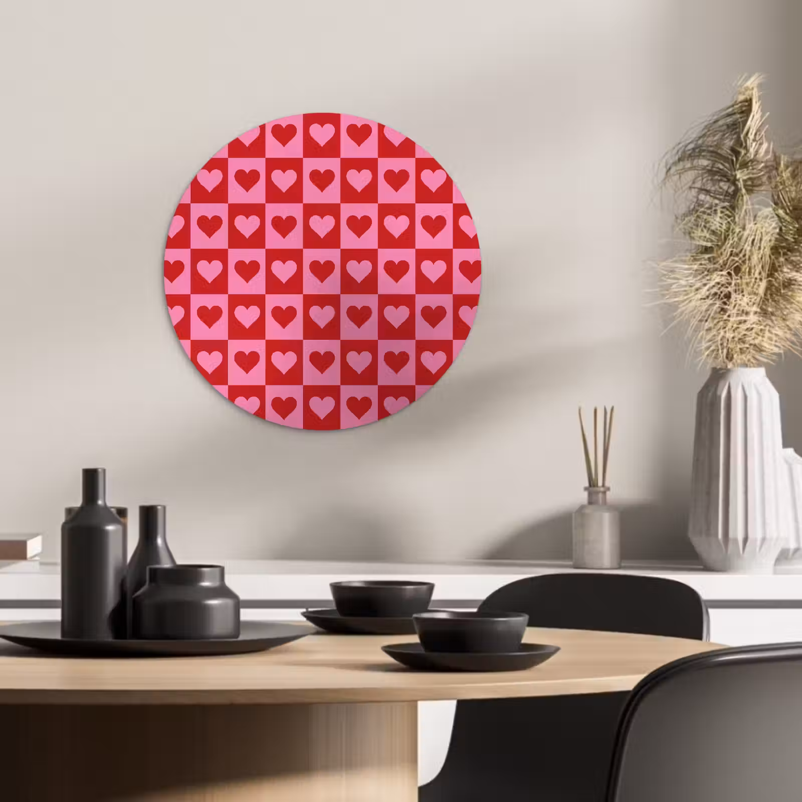 Tableau rond - Rouge - Rose - Échiquier - Valentin — 1