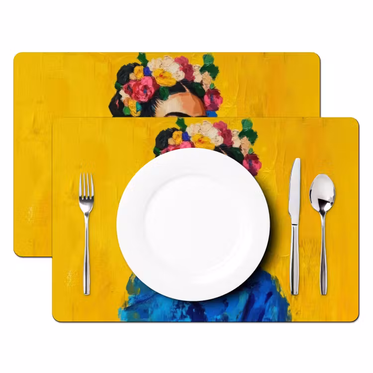 Sets de table - Frida Kahlo - Femme - Jaune - Bleu - Fleurs — 2