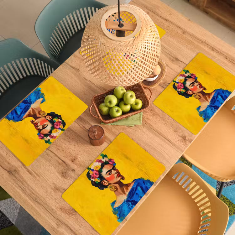 Sets de table - Frida Kahlo - Femme - Jaune - Bleu - Fleurs — 3