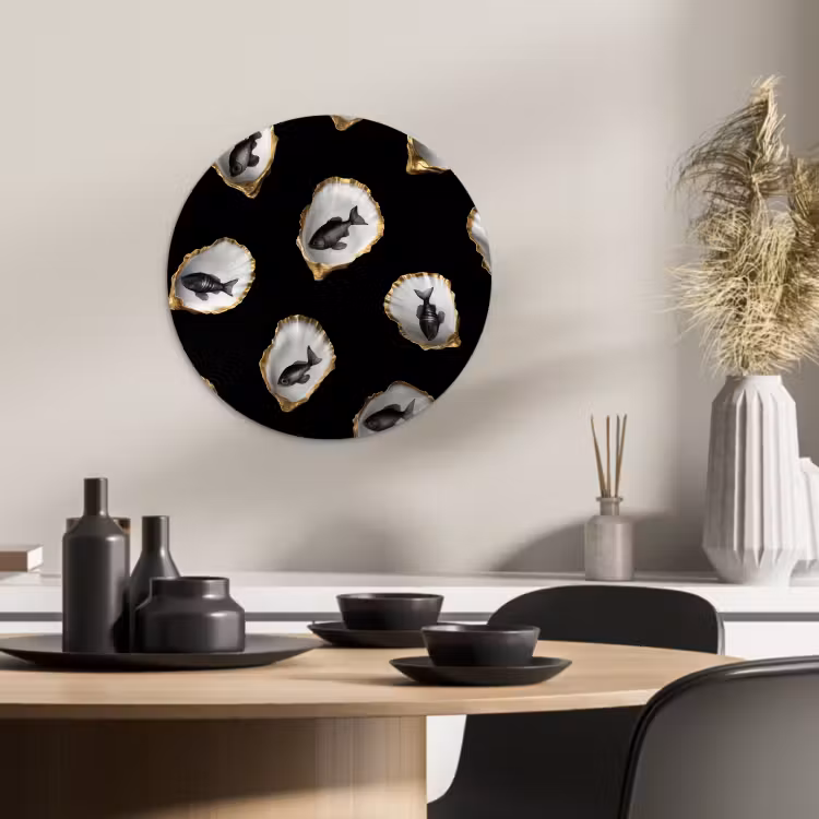 Tableau rond - Huîtres - Noir - Poisson - Or — 2