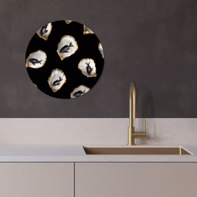 Tableau rond - Huîtres - Noir - Poisson - Or — 3