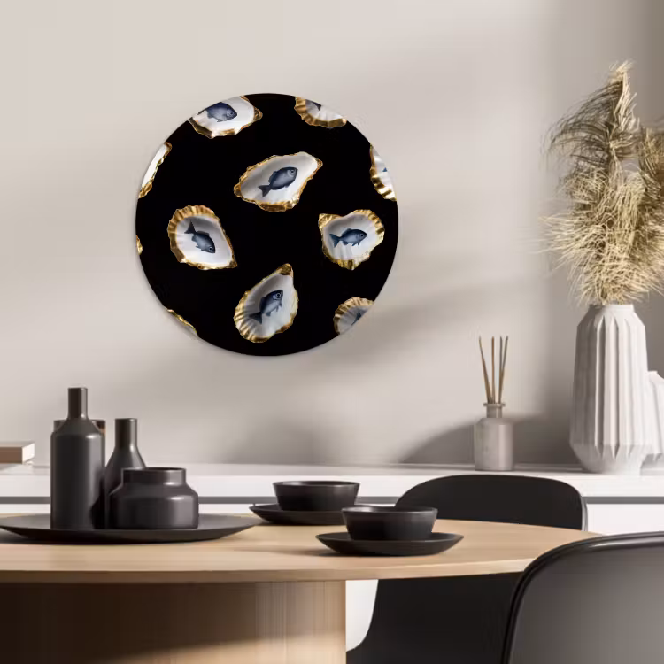Tableau rond - Huîtres - Poissons - Bleu - Or — 1