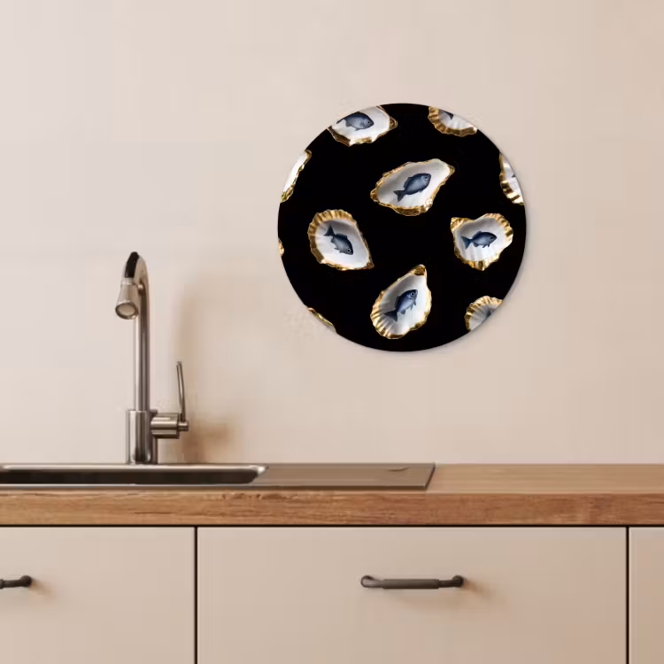 Tableau rond - Huîtres - Poissons - Bleu - Or — 2