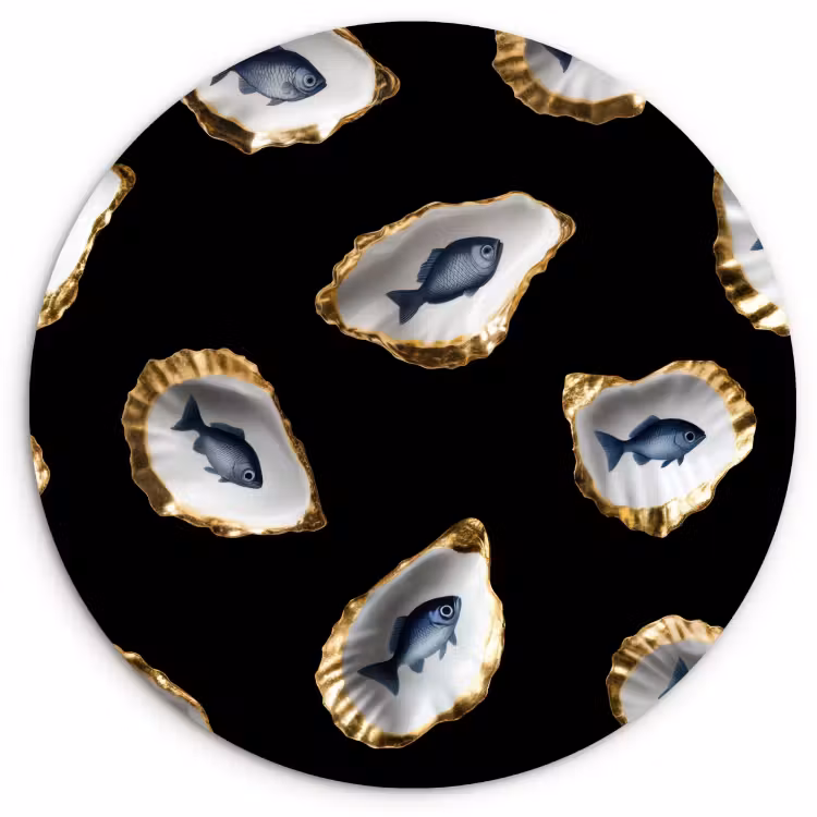 Tableau rond - Huîtres - Poissons - Bleu - Or — 3