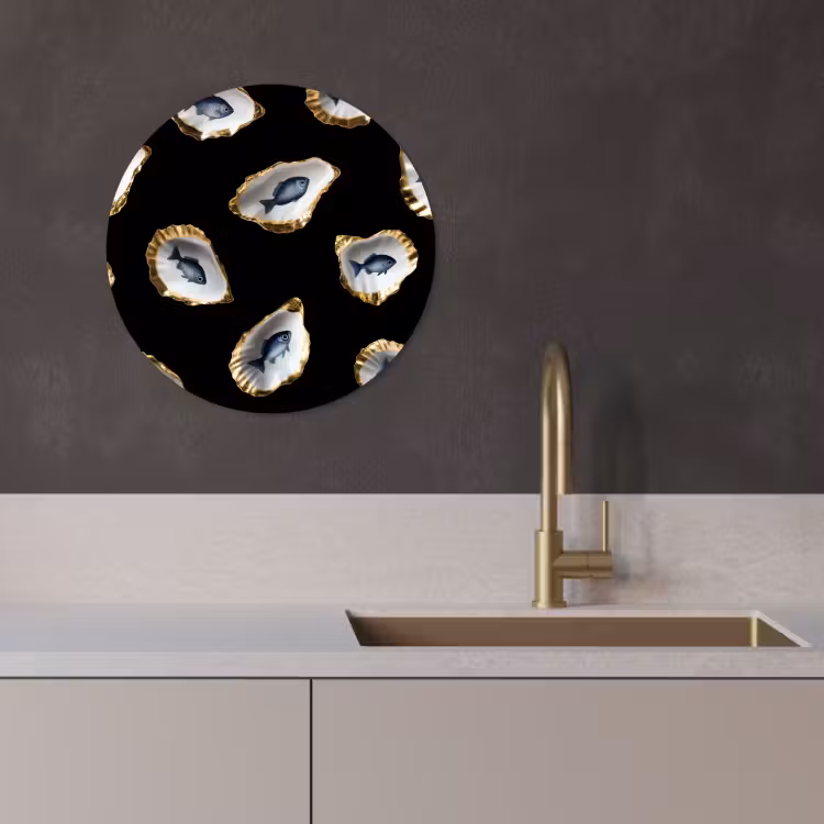 Tableau rond - Huîtres - Poissons - Bleu - Or — 4