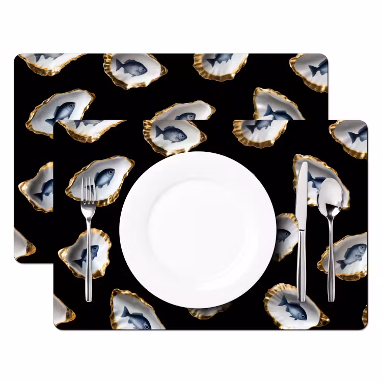 Sets de table en vinyle - Huîtres - Poissons - Bleu - Or — 2