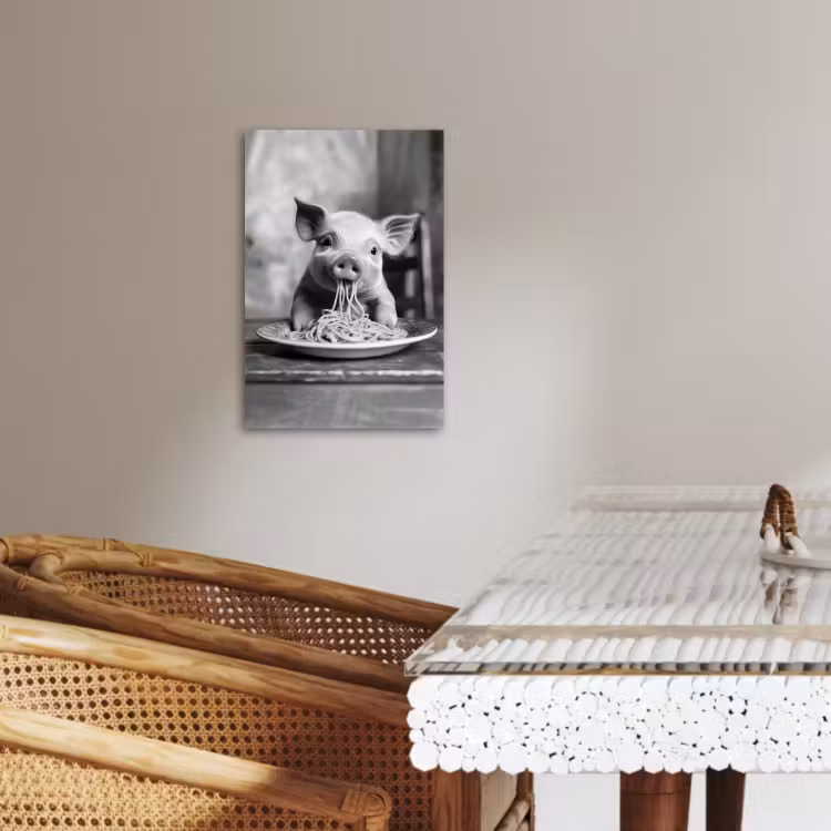Tableau sur toile - Cochon - Mignon - Spaghetti - Noir et blanc - Animal — 1
