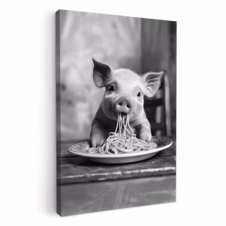Tableau sur toile - Cochon - Mignon - Spaghetti - Noir et blanc - Animal — 3