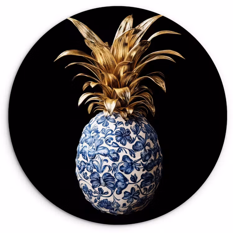 Tableau rond - Ananas - Motif floral - Or - Delftware — 1