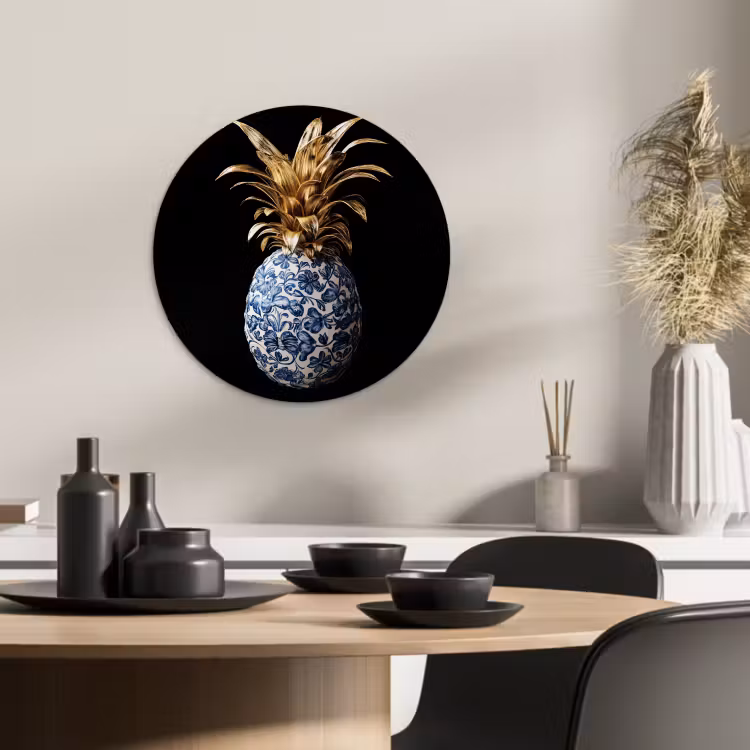Tableau rond - Ananas - Motif floral - Or - Delftware — 2