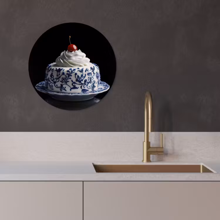 Tableau rond - Gâteau - Crème fouettée - Cerise - Assiette - Bleu de Delft — 3