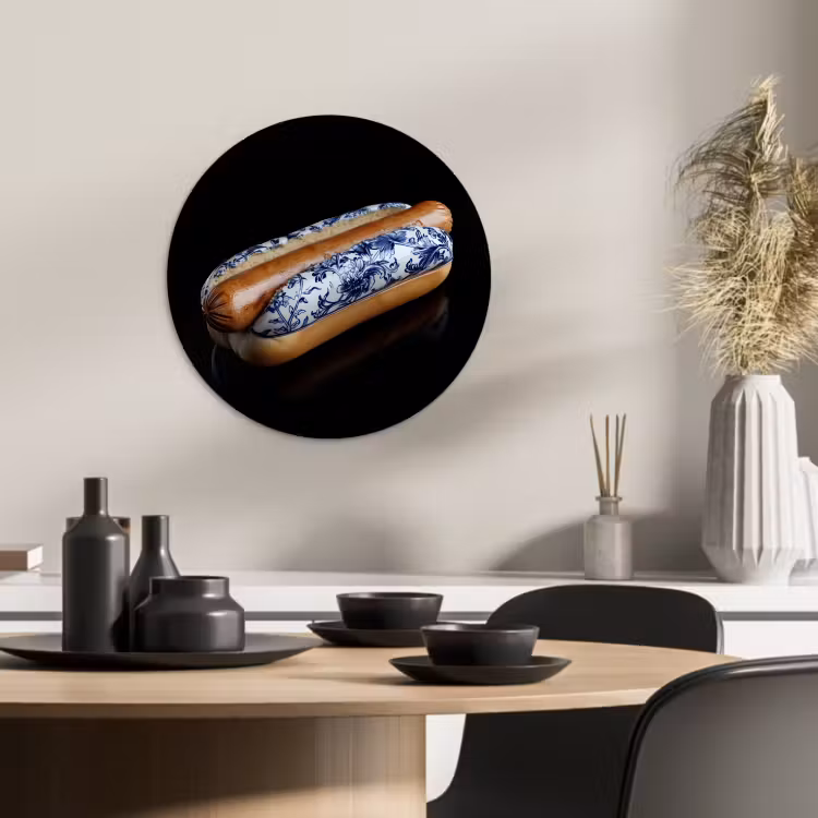 Tableau rond - Hot dog - Porcelaine - Bleu de Delft - Aliments — 1