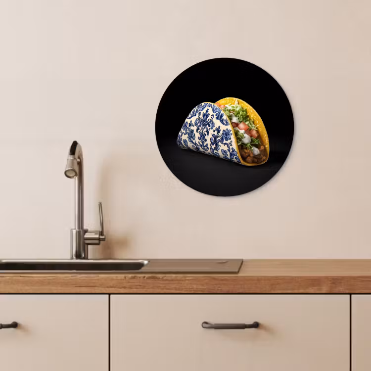 Tableau rond - Taco - Viande - Salade - Bleu de Delft - Motif — 1