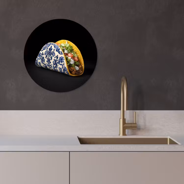 Tableau rond - Taco - Viande - Salade - Bleu de Delft - Motif — 3