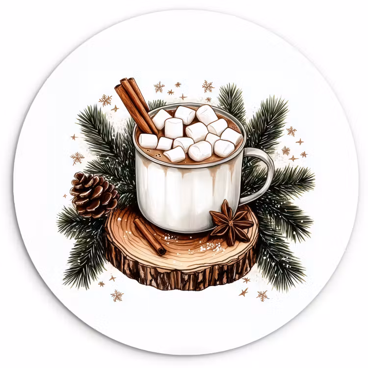 Tableau rond - Hiver - Bois - Lait chocolaté - Boisson - Noël — 1