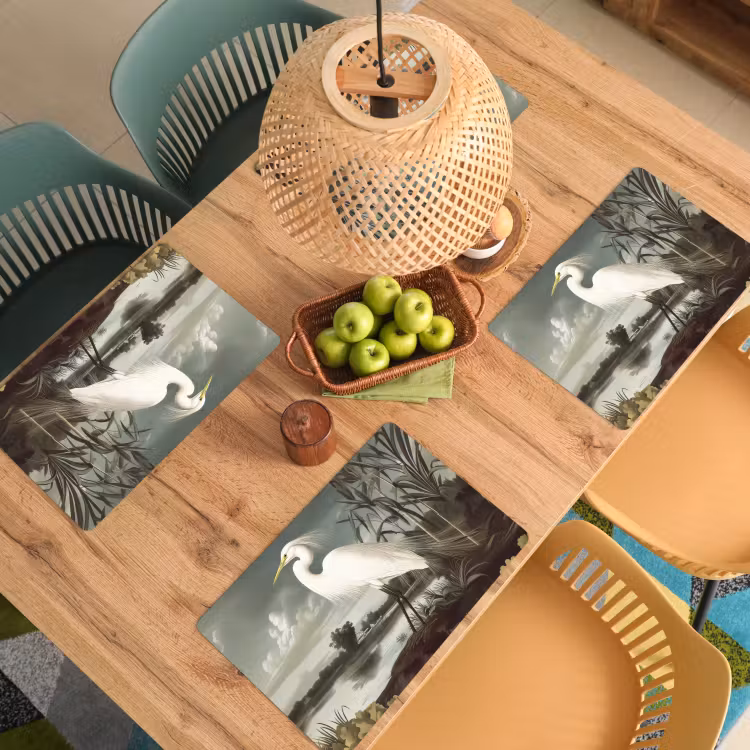 Sets de table en vinyle - Héron - Plantes - Nuages - Blanc — 3