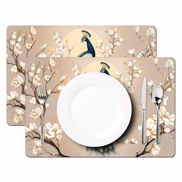 Sets de table en vinyle - Paon - Branche - Fleurs — 2