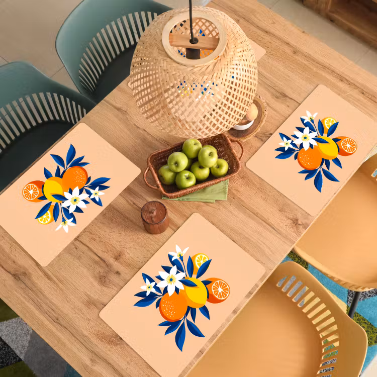 Sets de table - Illustration - Oranges - Bleu foncé - Fleurs — 3