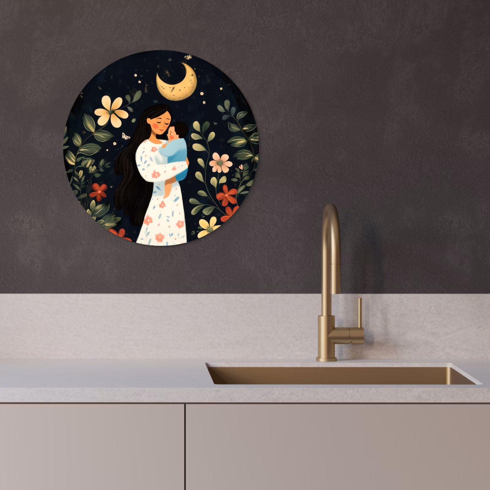 Tableau rond - Mère - Enfant - Coloré - Fleurs — 1