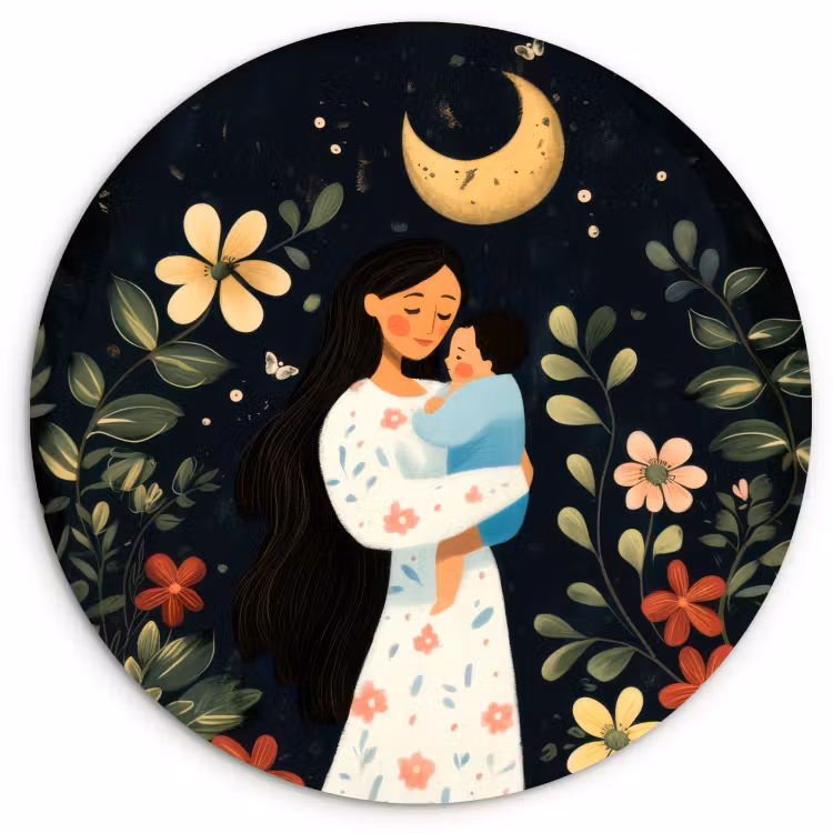 Tableau rond - Mère - Enfant - Coloré - Fleurs — 2