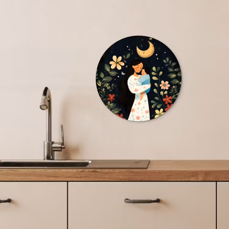 Tableau rond - Mère - Enfant - Coloré - Fleurs — 4