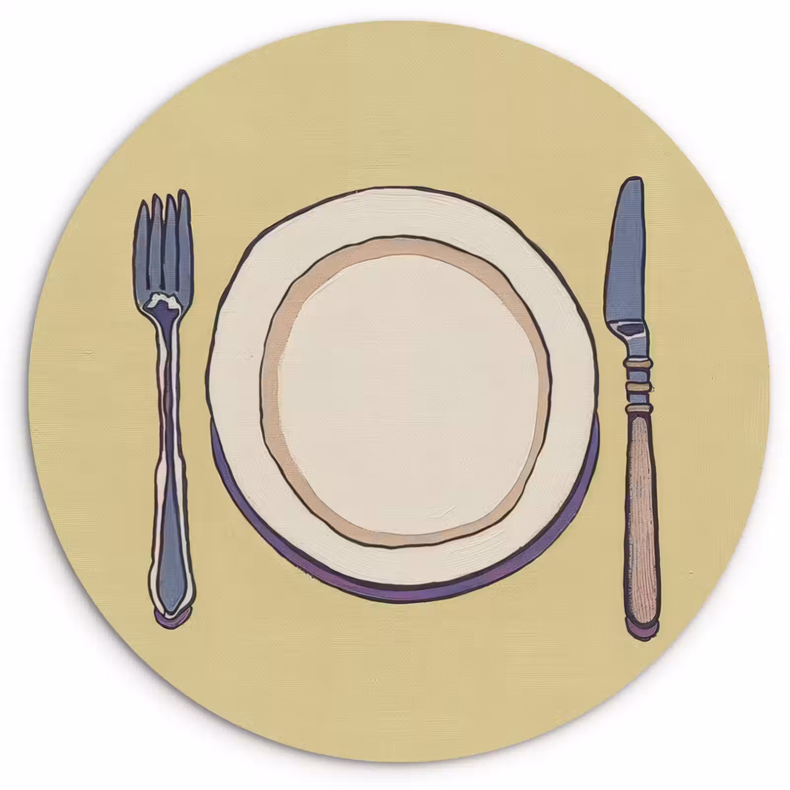 Tableau rond - Illustration - Assiette - Couverts - Beige — 1